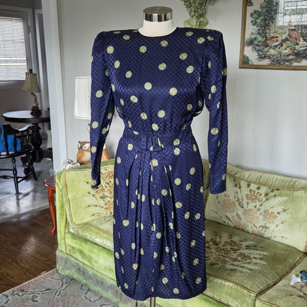 Maggy London Navy and Gold Polka Dot Dress